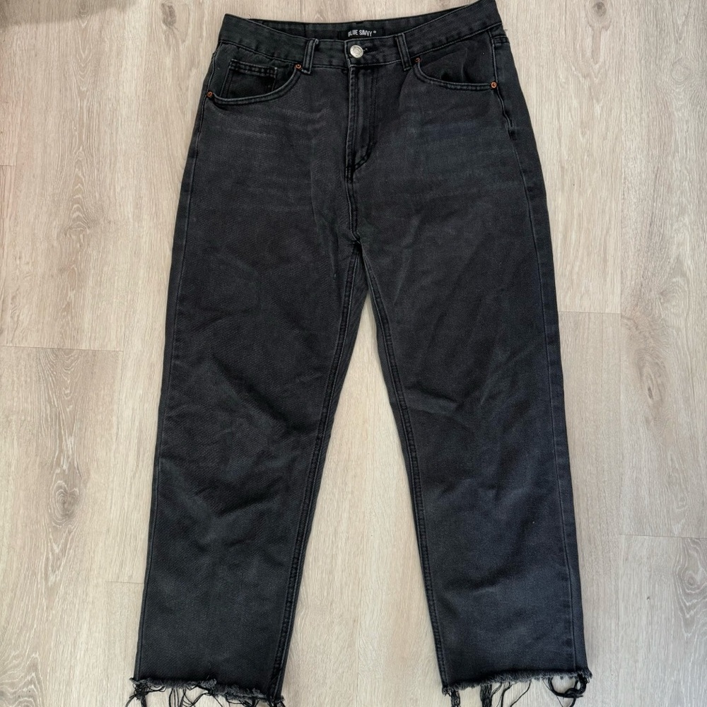 blue savvy dark grey black raw hem denim straight leg jeans pants bottoms